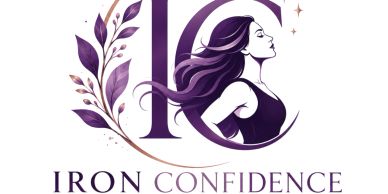 Logo of Iron Confidence featuring a woman and decorative leaves.