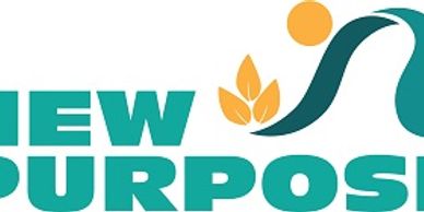 Logo with text 'NEW PURPOSE' and leaf design.