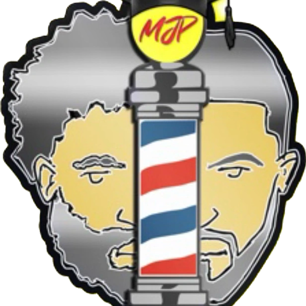 Logo with two faces divided by a barber pole and a graduation cap.