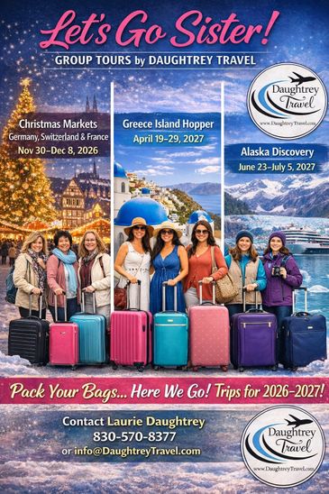 Travel promotions for Christmas markets, Greece island hopping, and Alaska discovery trips in 2026-2027.