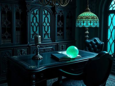 A dark, vintage study room illuminated by a glowing globe and an ornate lamp.