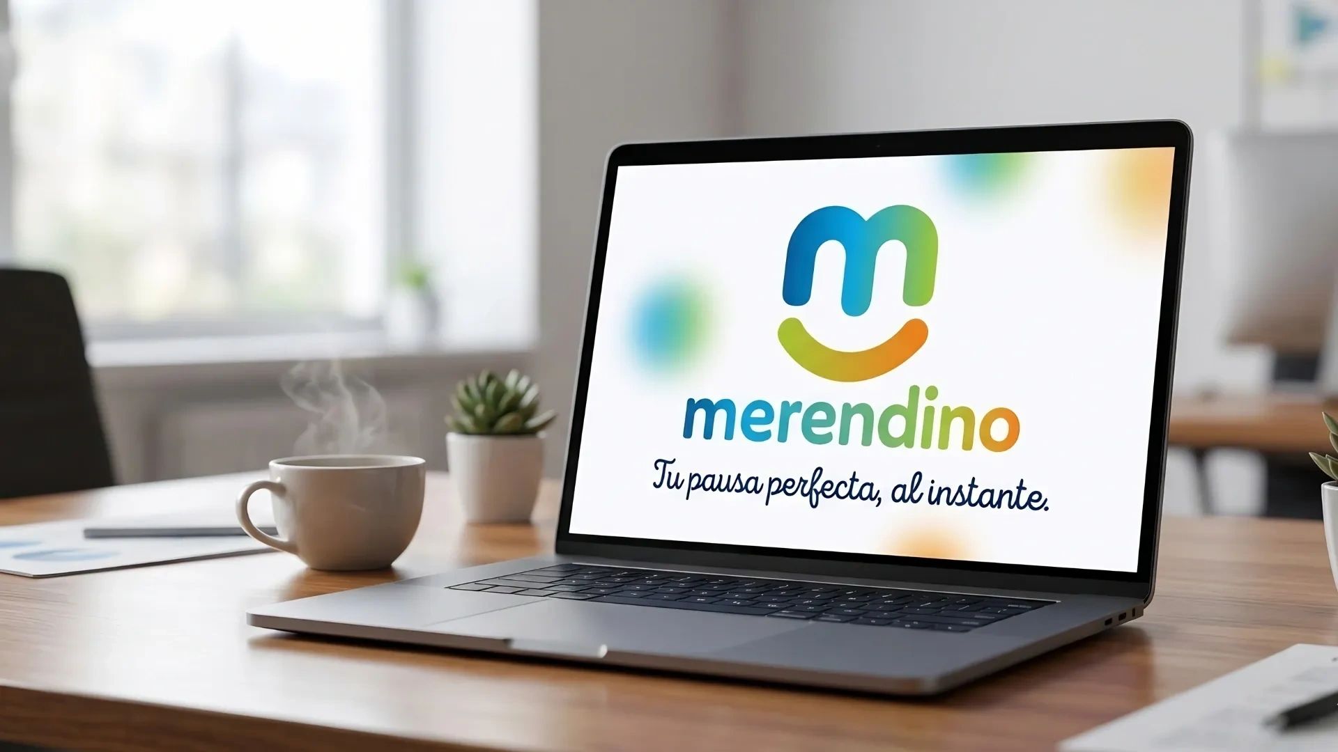 Laptop displaying the Merendino logo with a coffee cup on a wooden desk.