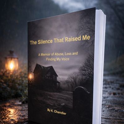 A book titled 'The Silence That Raised Me' by K. Chandler with a dark, moody cover.
