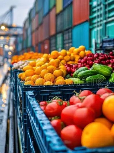 Colorful fresh fruits and vegetables packed in crates at a busy port.