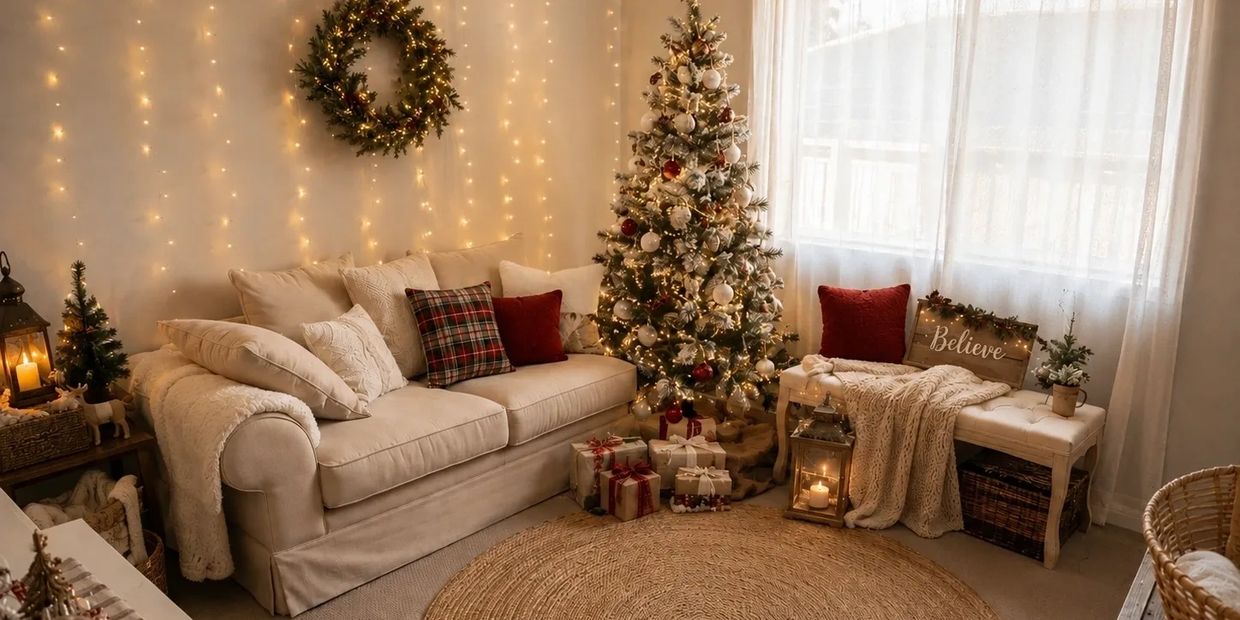 Cozy living room with Christmas decorations and warm lighting.