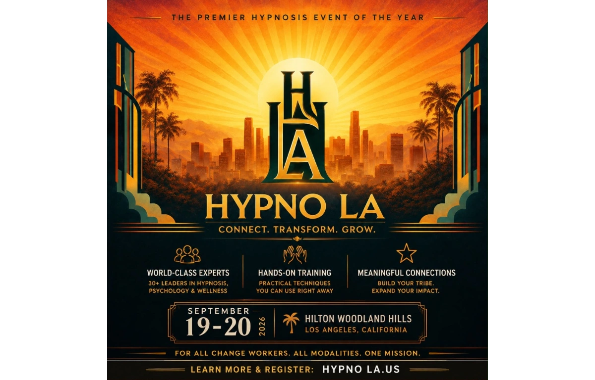 Sunset cityscape with bold Hypno LA logo and a Venmo QR code.