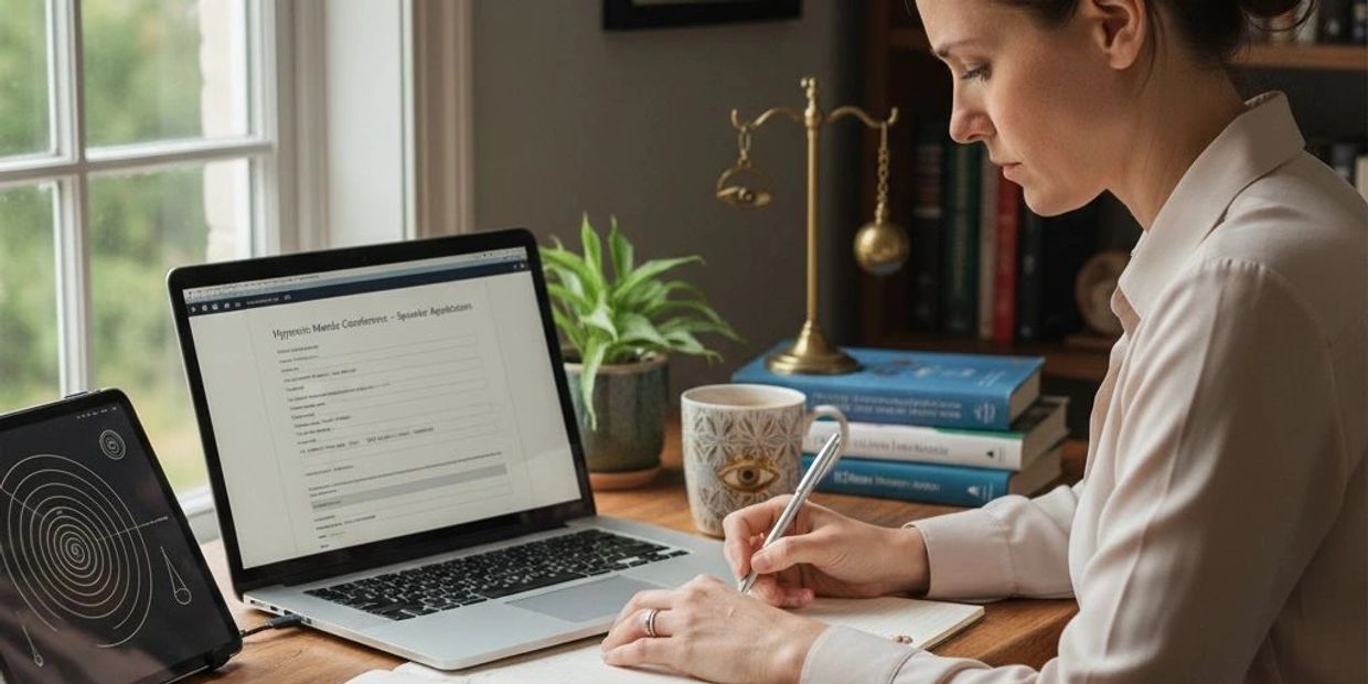 Woman working at a desk with laptop and tablet, writing notes in a notebook.