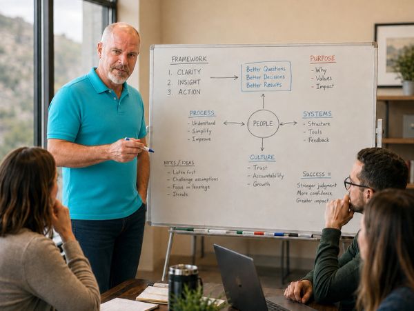 Man presenting a business framework to colleagues.