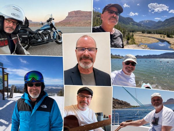Collage of a man enjoying various outdoor and indoor activities in different locations.