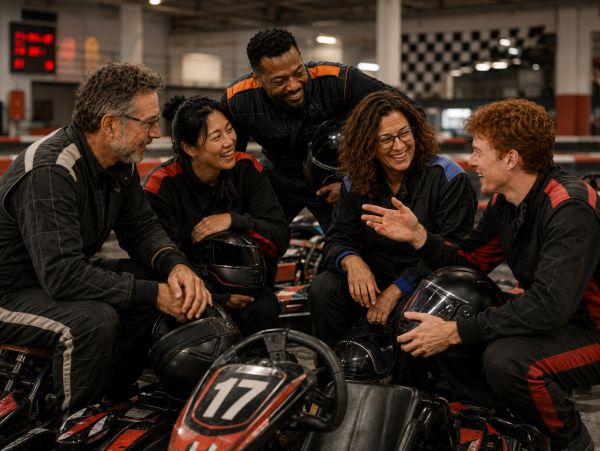 Group of friends enjoying kart racing together.