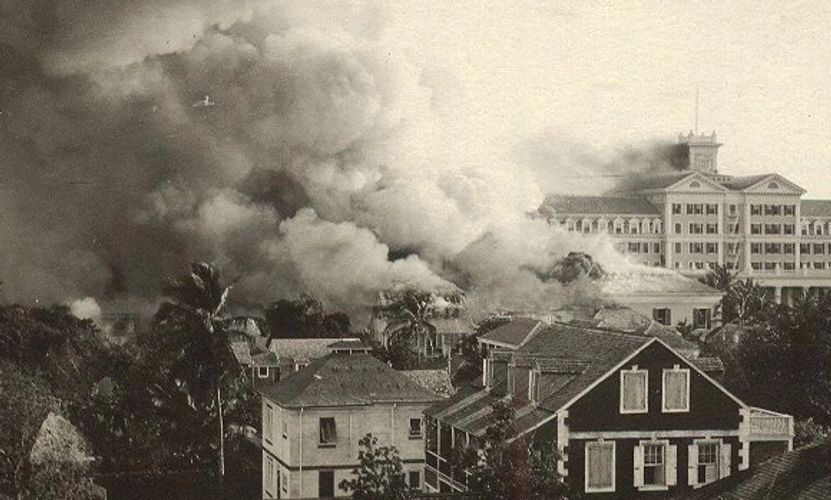 The Colonial Hotel, Nassau, burning to the ground, 1922.