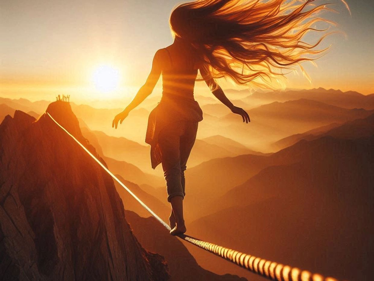 Girl on Tightrope over mountains