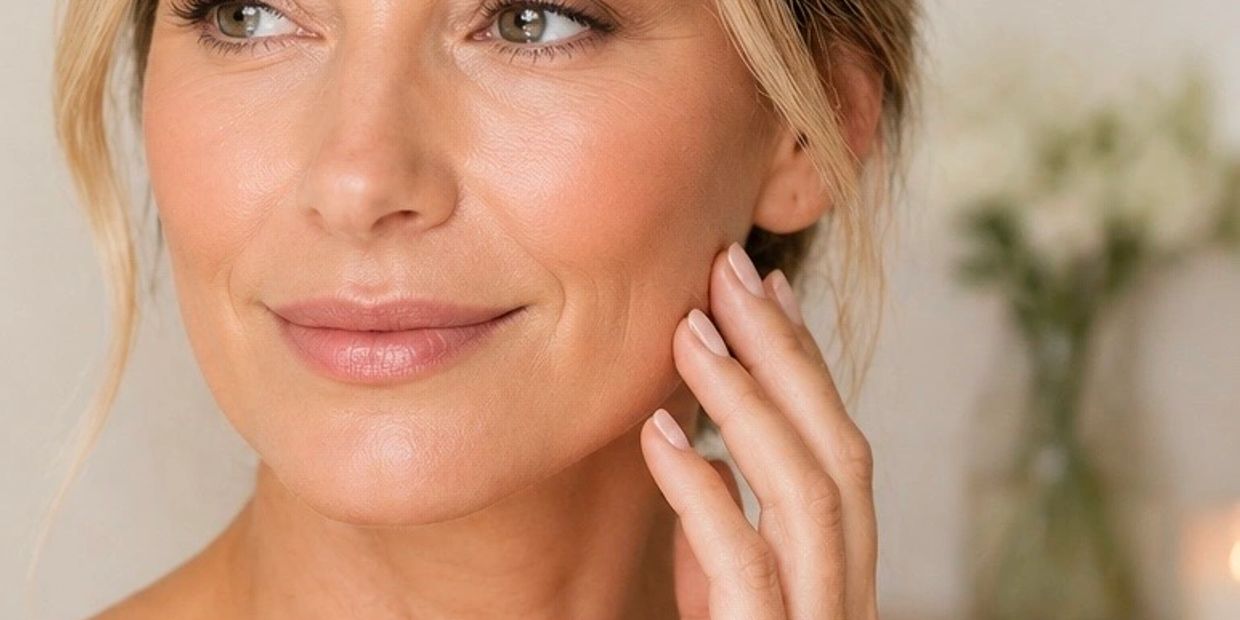 Close-up of a woman gently touching her smooth face, showcasing natural beauty.