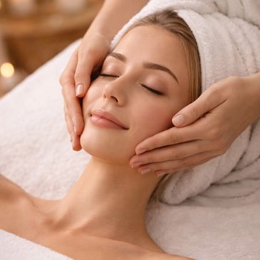 Woman enjoying a relaxing facial massage at a spa.