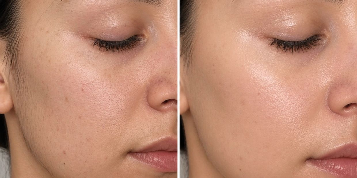 Side-by-side comparison of facial skin before and after treatment showing clearer, smoother skin.