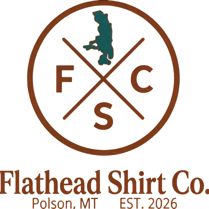 Flathead Shirt Co. logo with a map and establishment details.