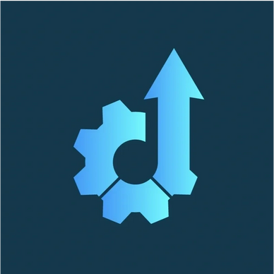 Abstract logo: blue gear with upward arrow, representing growth and progress.