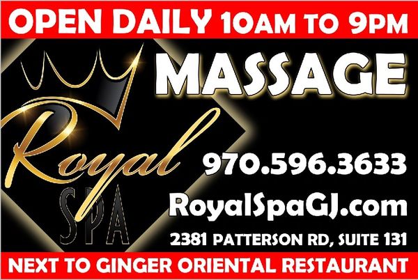 Royal Spa offers daily massage services from 10 AM to 9 PM with contact details provided.