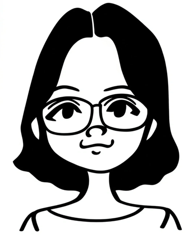 Black and white cartoon avatar of a woman with glasses and medium-length hair.