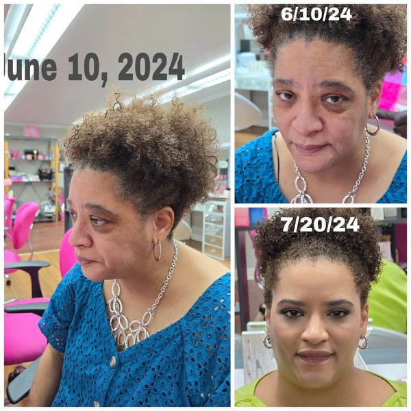 Three photos showing a woman's transformation from June to July 2024.