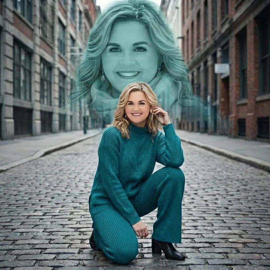 Smiling woman in teal outfit kneels on cobblestone street with a translucent portrait overlay.