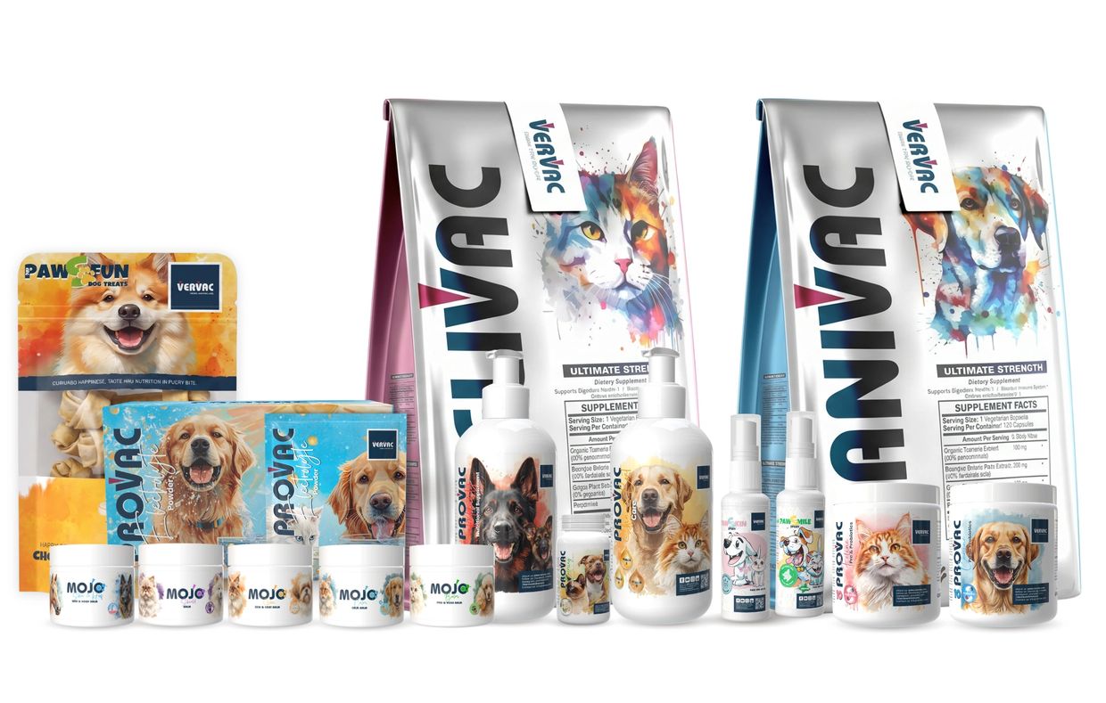 A variety of colorful pet care products for dogs and cats including treats, supplements, and grooming items.