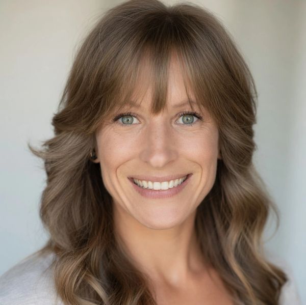 Close-up portrait of a smiling woman with wavy brown hair and green eyes.