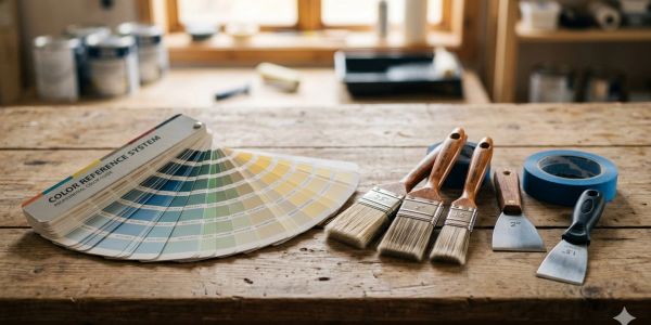 A color reference fan deck and painting tools on a wooden table.