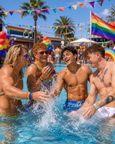 Four men enjoy a lively pool party with rainbow flags and decorations.