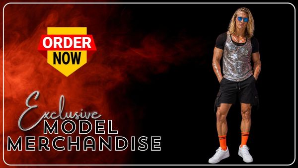 Exclusive model merchandise available now with a stylish male model.