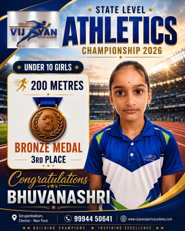 Poster announcing Bhuvanashri's bronze medal win in 200 meters at state level athletics.