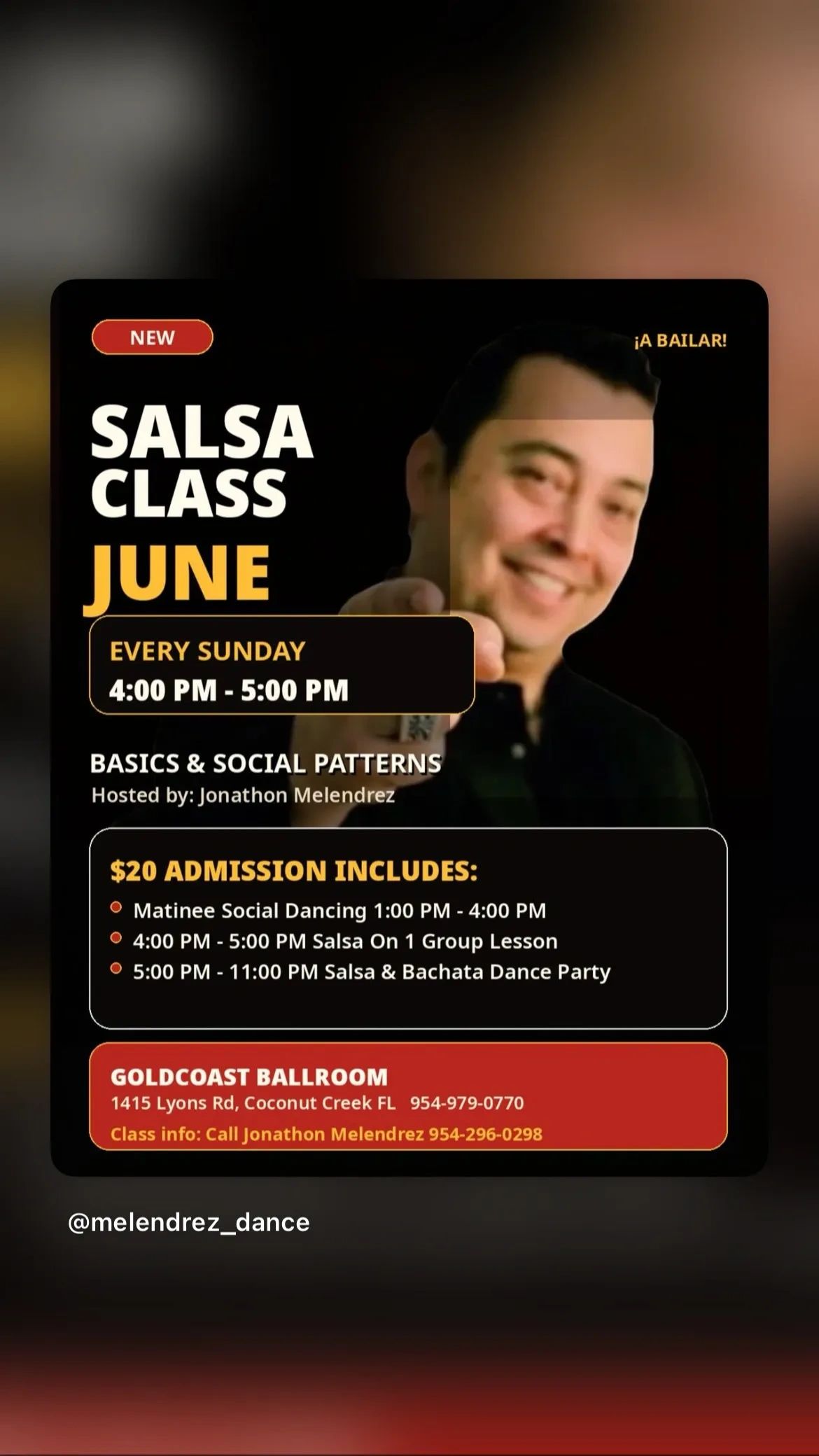 June salsa class every Sunday with Jonathon Melendrez at Goldcoast Ballroom.