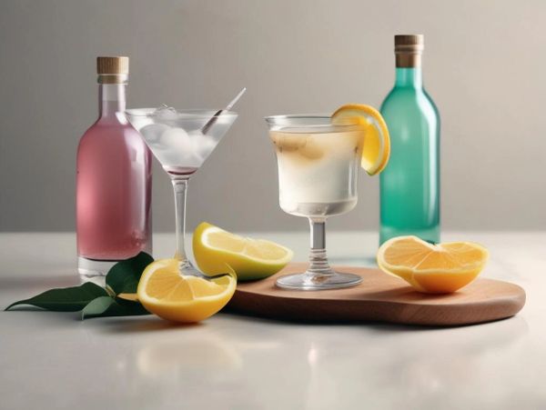 Copas de cóctel con botellas y rodajas de limón.