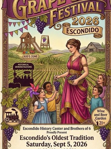 Vintage-style poster for Escondido Grape Festival 2026.
