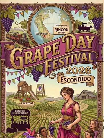 Vintage-style poster for Escondido Grape Festival 2026.