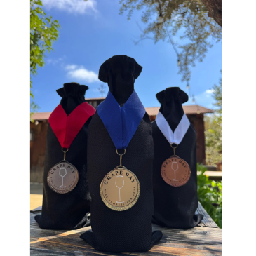 Three wine bottles dressed as dogs with medals representing winners.