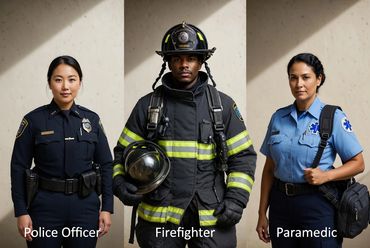 Police officer, firefighter, and paramedic standing together.