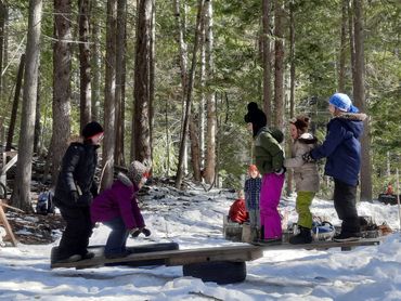 children collaborating to balance a teeter totter they built in the forest