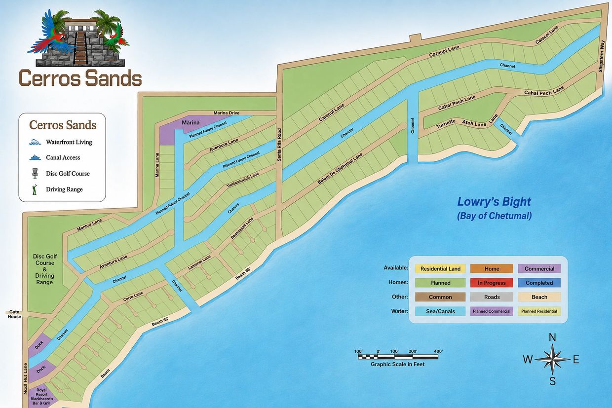 Map of Cerros Sands community showing waterfront living and amenities.