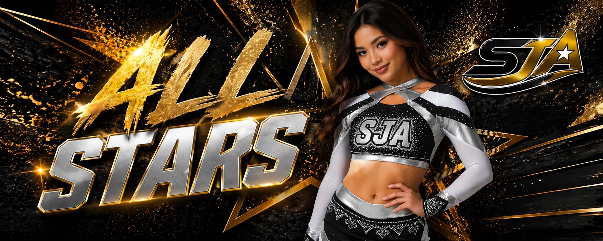 Cheerleader posing in SJA uniform with bold "All Stars" graphic.