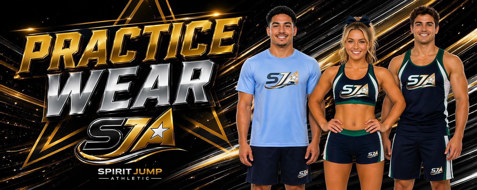 Three athletes modeling Spirit Jump Athletic practice wear with bold gold and silver branding.