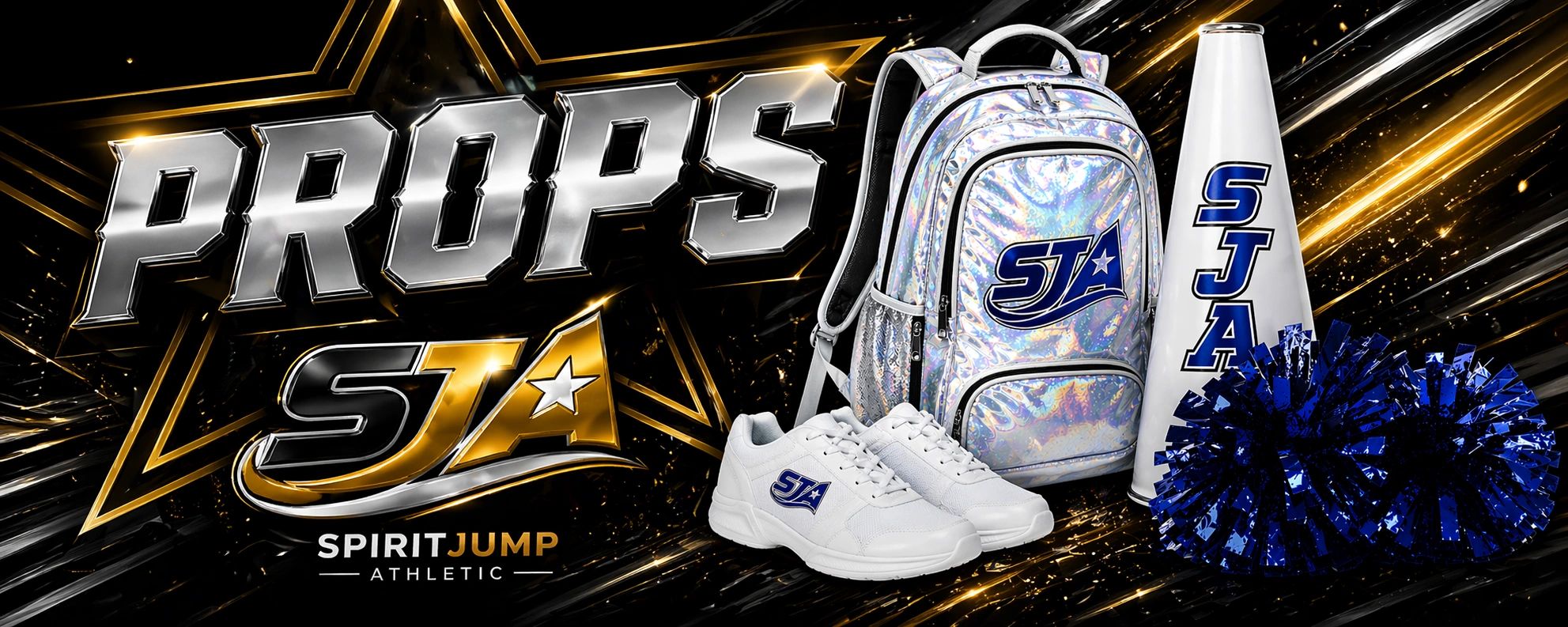 Athletic gear including shoes, backpack, megaphone, and pom-poms with STA branding.