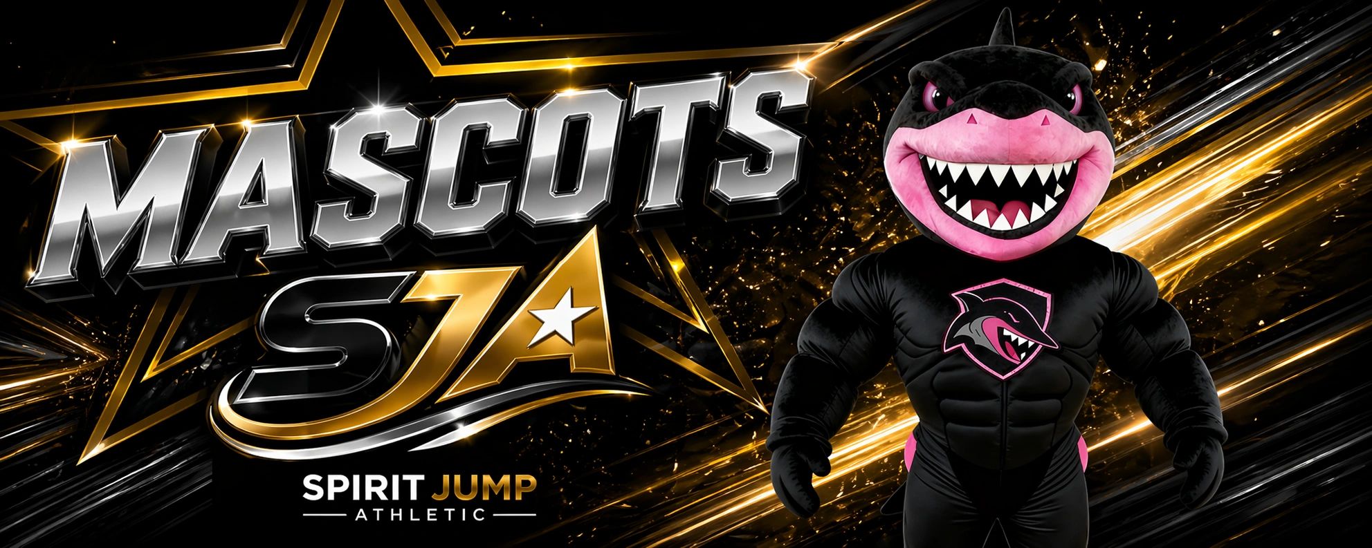 Muscular shark mascot in black and pink with bold MASCOTS SJA text.