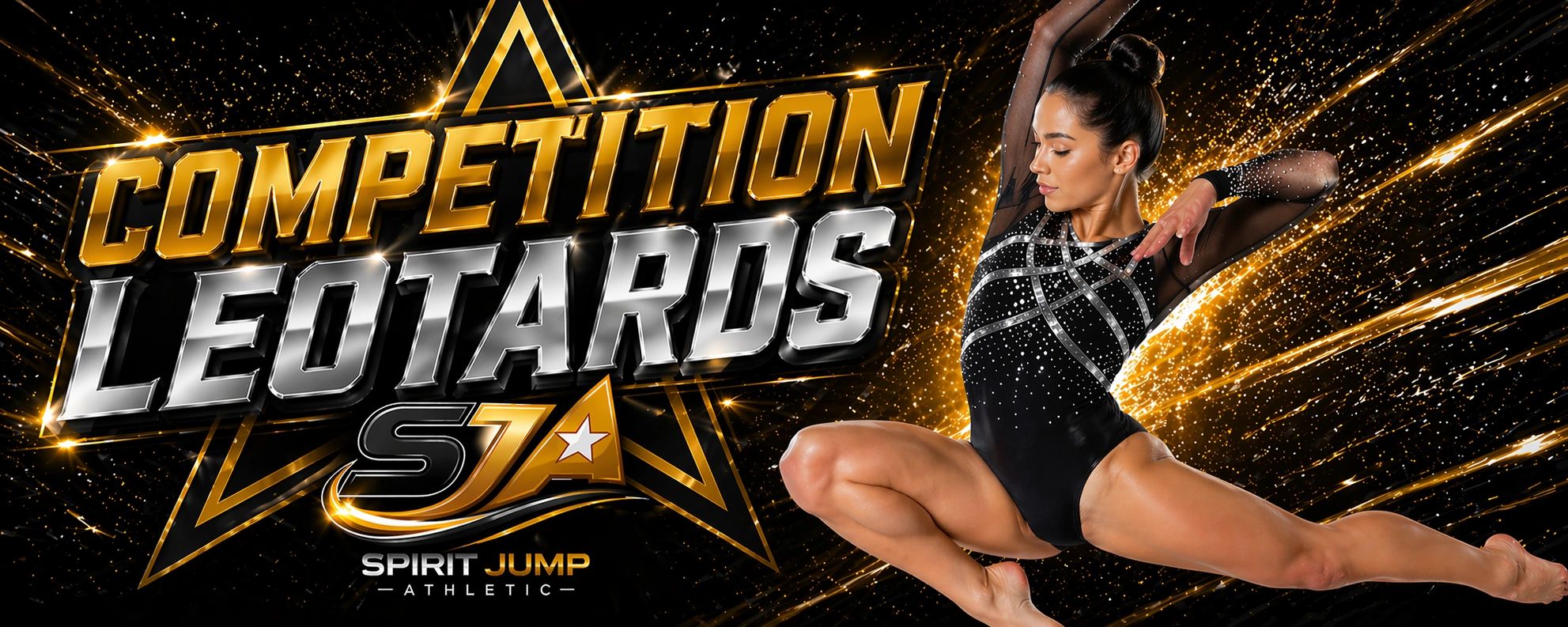 Dynamic image featuring a gymnast in a sparkling leotard with bold "Competition Leotards" text.