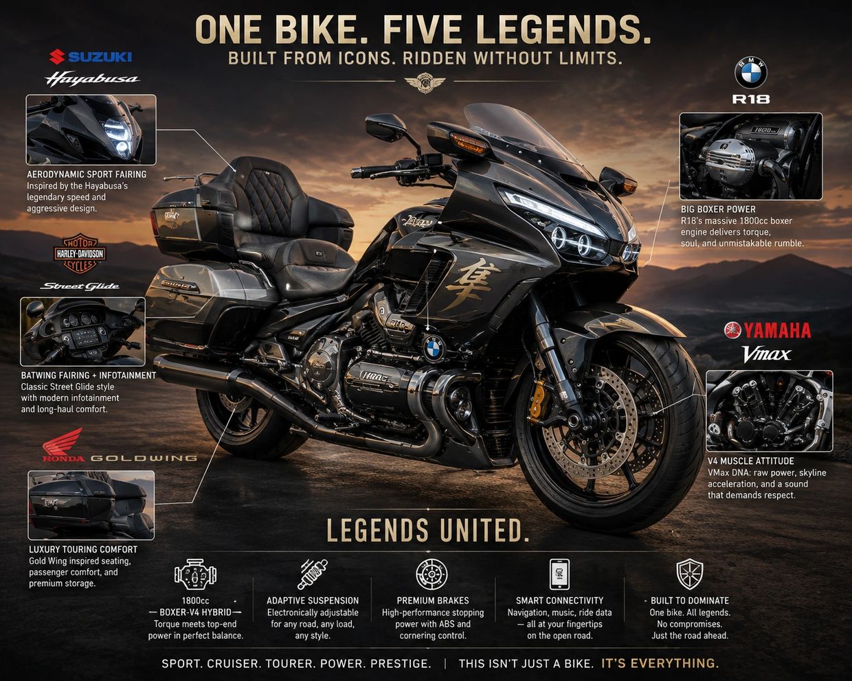 Motorcycle design inspired by five legendary bikes.