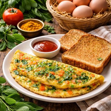 A vegetable omelette served with toasted bread and ketchup.