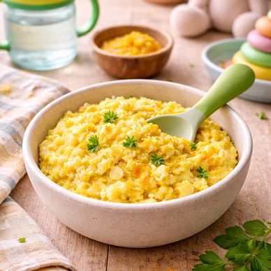 Creamy yellow porridge served in a bowl with fresh herbs on top.
