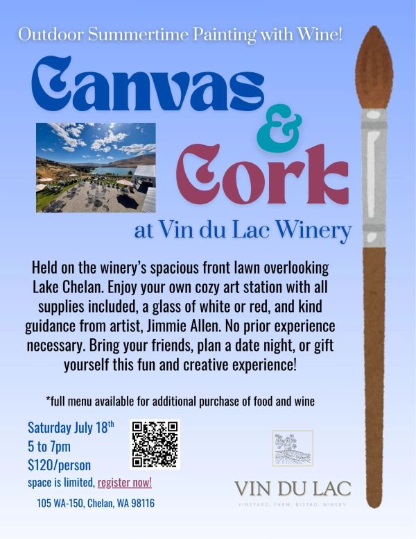 Event flyer for outdoor summer painting with wine at Vin du Lac Winery.