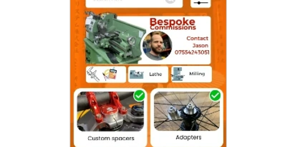 Custom bike parts available, including spacers and adapters, with contact details for bespoke commissions.