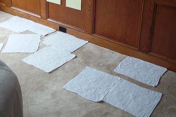 Photo of wet towels over the top of pee spots treated with competing product. This encourages mold.